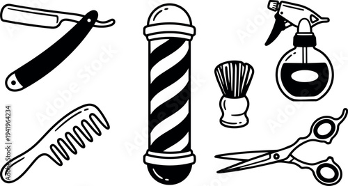 Black and white vector art of classic barber tools including razor comb scissors brush and spray bottle with barber pole