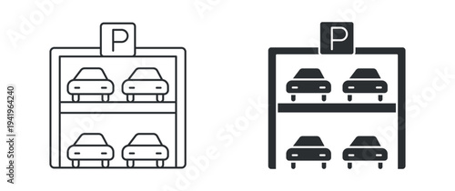 Parking Garage Icon, Multi Level Car Parking Structure Symbol, Outline and Solid Vector