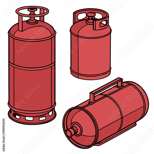 Red gas cylinders in different orientations household gas