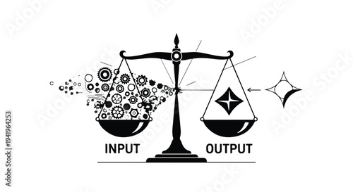 Balance scale with input and output symbols on weights