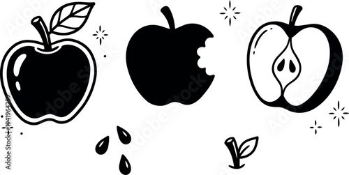 Black and white minimalist vector art of whole bitten and half apples with seeds and leaves isolated on white background