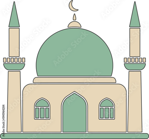 Islamic Mosque with Dome and Minarets Muslim Religious Building Vector Illustration