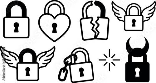 Set of black and white vector padlock icons including heart lock broken lock winged locks and devil horn lock illustration