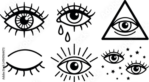 Minimalist black and white vector art six different stylized eye icons including crying eye closed eye and all seeing eye symbol