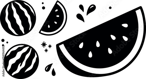 Black and white flat design vector of whole watermelon fruit and sliced juicy watermelon piece with seeds and splash droplets