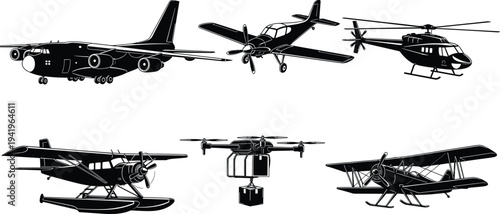 Aircraft silhouettes illustration set, aviation design artwork, cargo jet helicopter drone seaplane biplane vector drawing, transportation concept