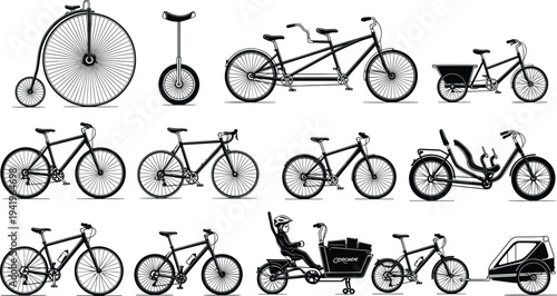 Bicycle silhouettes illustration set, diverse bike designs artwork, penny-farthing tandem tricycle road mountain electric cargo vector drawing