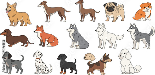 Dog Breeds Icon Set Featuring Corgi, Pug, Husky, Dachshund, Dalmatian, Poodle, and More in Fun Vector Style