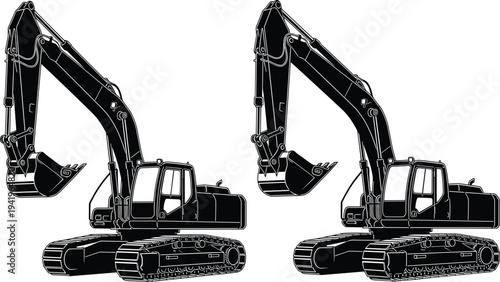Excavator illustration set, heavy construction equipment artwork, tracked vehicle vector drawing, earthmoving machinery silhouette design concept