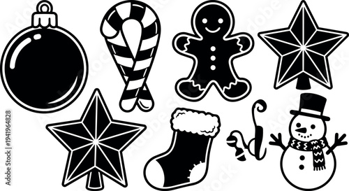 Black and white minimalist line art christmas themed vector icons including gingerbread man candy cane snowman star bauble stocking and mistletoe set