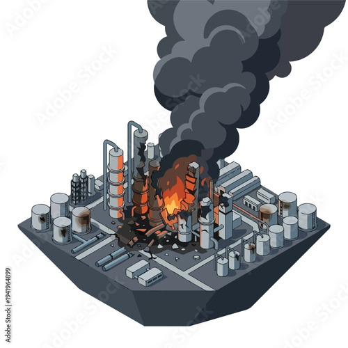 isometric vector flat oil refinery area explodes and burns 03