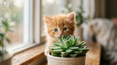 Adorable ginger kitten peeking over succulent plant on sunny windowsill