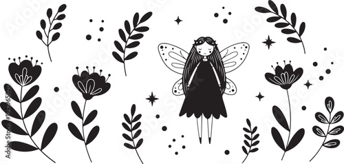 Black silhouette of butterfly and flowers with sparkles on white background