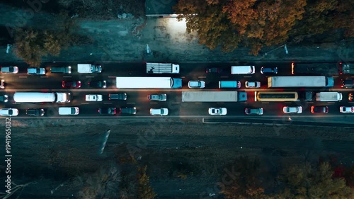 Traffic congestion captured from an aerial perspective during early evening rush hour