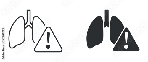 Lung Disease Warning Icon Set, Respiratory Health Alert Symbol, Outline and Solid Silhouette Style. Vector Illustration.