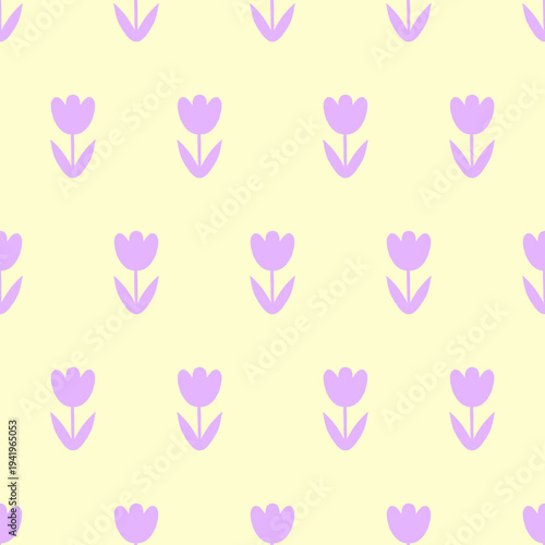 Seamless hand-drawn spring pattern with purple tulips on a yellow background