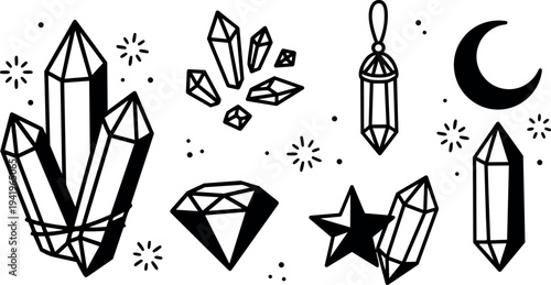 Black and white line art mystical crystal gems with stars and crescent moon simple vector illustrations set