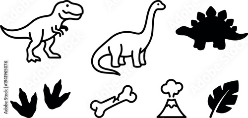 Simple black and white dinosaur icons with tyrannosaurus brontosaurus stegosaurus footprint bone volcano and leaf symbols