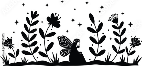 Whimsical illustration of a fairy with butterfly wings surrounded by colorful flowers and leaves