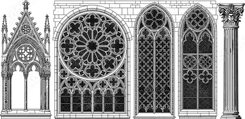 Gothic architecture elements illustration, pointed arch rose window tracery artwork, medieval cathedral design vector drawing, classical column contrast concept