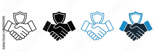 Handshake with Shield Line and Solid Icon Set Vector Illustration, Trust, Security, and Partnership Symbols for Business Agreement, Protection, Insurance, Data Safety, and Corporate Collaboration