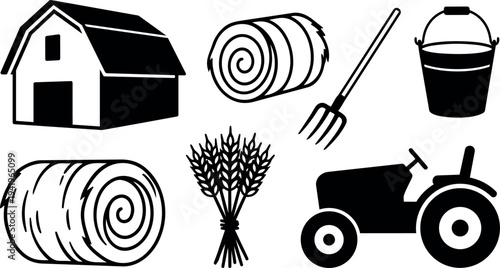 Black and white farm icons including barn tractor hay bale pitchfork wheat and bucket simple vector design set for agriculture
