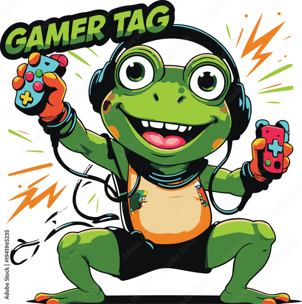Obraz premium Frog human hybrid gamer holding game controller excitedly, cartoon vector mascot, bold thick black outline, minimal sticker style, white background 1