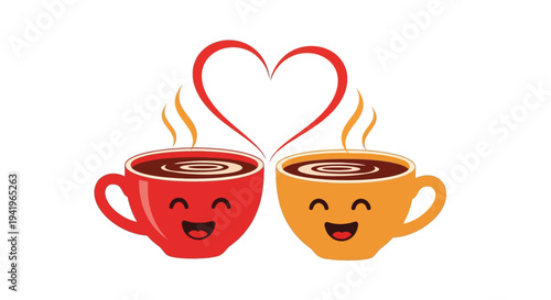 Smiling coffee cups with heart symbol on white background