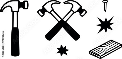 Black and white minimalist vector art of different hammer designs crossed and single hammer with nail hitting wooden plank illustration
