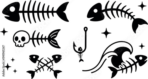 Black silhouette fish skeleton set with skull fish bone crossed bones fishing hook and ocean wave elements in simple vector style