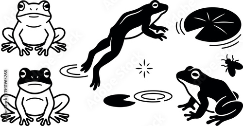 Black and white flat design vector icons showing various frog poses one jumping lily pad and flying insect simple style
