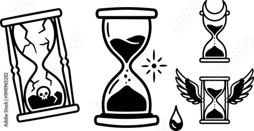 Black and white vector art of hourglasses with cracked bones sand moon crescent and wings in tattoo flash style