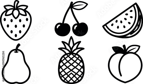 Minimalist black and white vector art set featuring strawberry cherry watermelon pear pineapple and peach icons with clean outlines