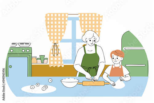 Woman and child baking together in kitchen. Generational cooking and family activity for Easter. Flat vector illustration for greeting card