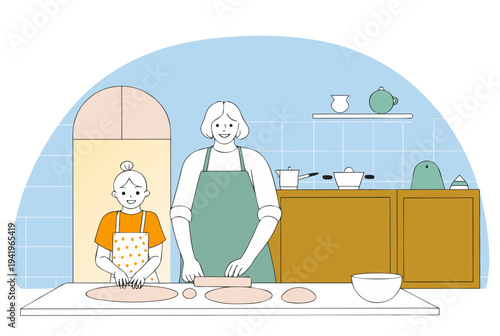 Woman and kid baking dough together in kitchen. Generational baking and Easter holiday concept. Family cooking vector illustration for banner, website