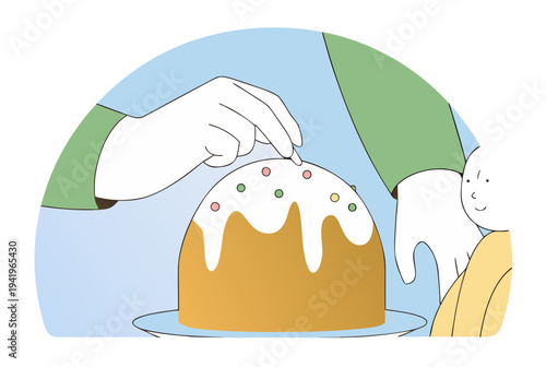 Woman and child decorating Easter cake with icing and sprinkles. Generational baking tradition. Flat outline vector illustration for spring holiday
