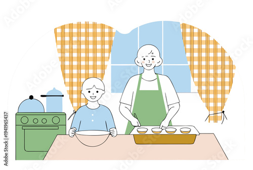 Woman and kid baking Easter pastries together in kitchen, family bonding, intergenerational cooking, and holiday activity vector illustration