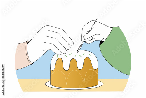 Hands decorating Easter kulich with icing and sprinkles. Generational baking, family tradition. Vector illustration for greeting card, holiday poster