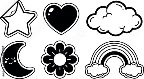 Black and white cartoon style smiling crescent moon with star heart flower cloud and rainbow icons vector set