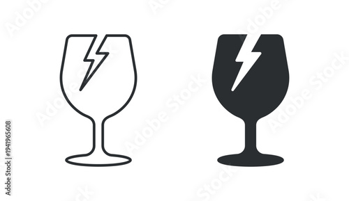 Broken glass icon set, cracked fragile glass warning symbol, outline and solid silhouette style. Vector illustration.
