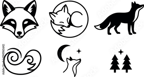 Minimalist black and white vector set of fox icons including head face sleeping curled tail and forest trees silhouettes