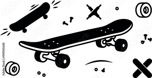 Black and white flat design skateboard with wheels trucks and screws disassembled on white background simple vector art style