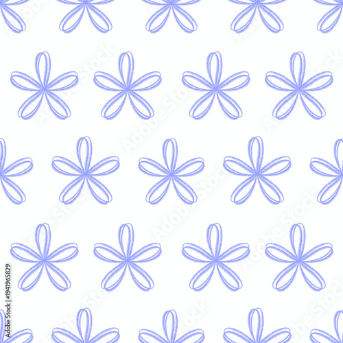 Seamless hand-drawn spring pattern with purple flowers on a white background