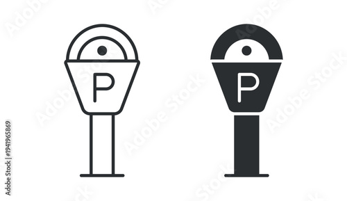 Parking meter icon set, street parking payment machine symbol, outline and solid silhouette style. Vector illustration.