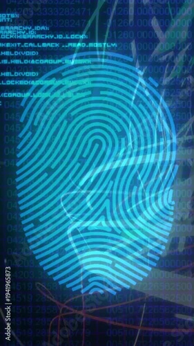 Vertical video: Print pulsing on code, shifting colors while neon arcs moving for security on scan