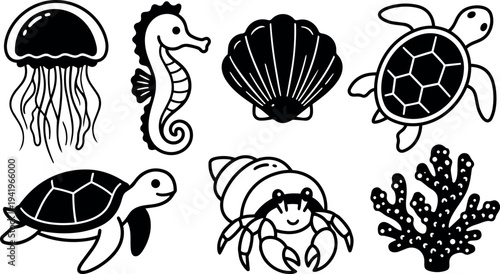 Black and white marine animals and sea life vector icons including jellyfish seahorse turtle hermit crab coral shell illustrations simple line art style