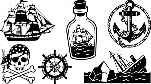 Black and white vintage pirate ship in bottle anchor skull and bones compass steering wheel icewrecked ship vector illustration set
