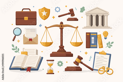 Comprehensive Flat Design Law System Elements Set Featuring Scales of Justice, Gavel, Courthouse, Briefcase, and Legal Icons. Simple Vector Illustration for Legal Services, Justice, and Law.