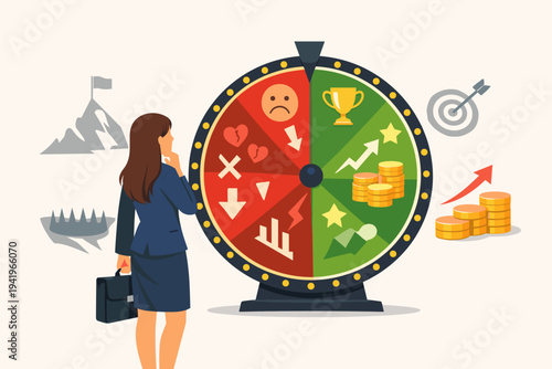 Businesswoman contemplating a wheel of fortune with success and failure outcomes, representing career risk, opportunity, and decision making in a professional environment with goals and pitfalls.
