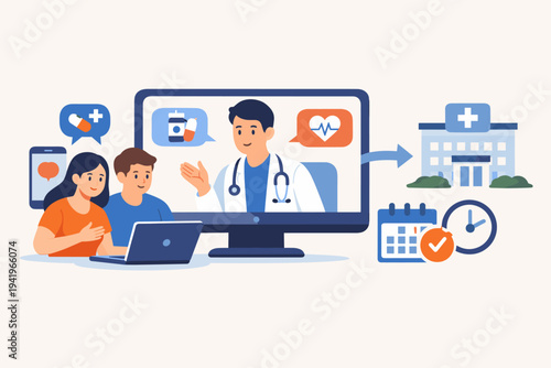 Telemedicine Concept with Couple Consulting Doctor Online via Video Call for Medical Advice and Clinic Appointment. Digital Healthcare, Remote Consultation, and Hospital Booking Vector Illustration.
